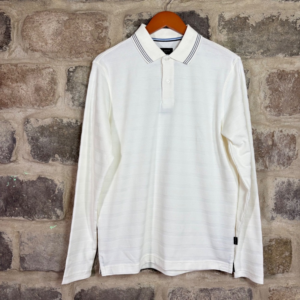 Ted Baker London Men's Cream Popcorn Stripe Long Sleeve Polo Shirt‎ Small NWT